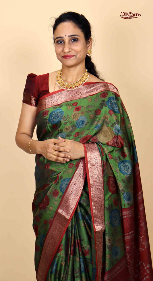 DC158 | Maheshwari Silk Saree with Rose Floral Design & Narayanpet Zari Border | Elegant Everyday Collection