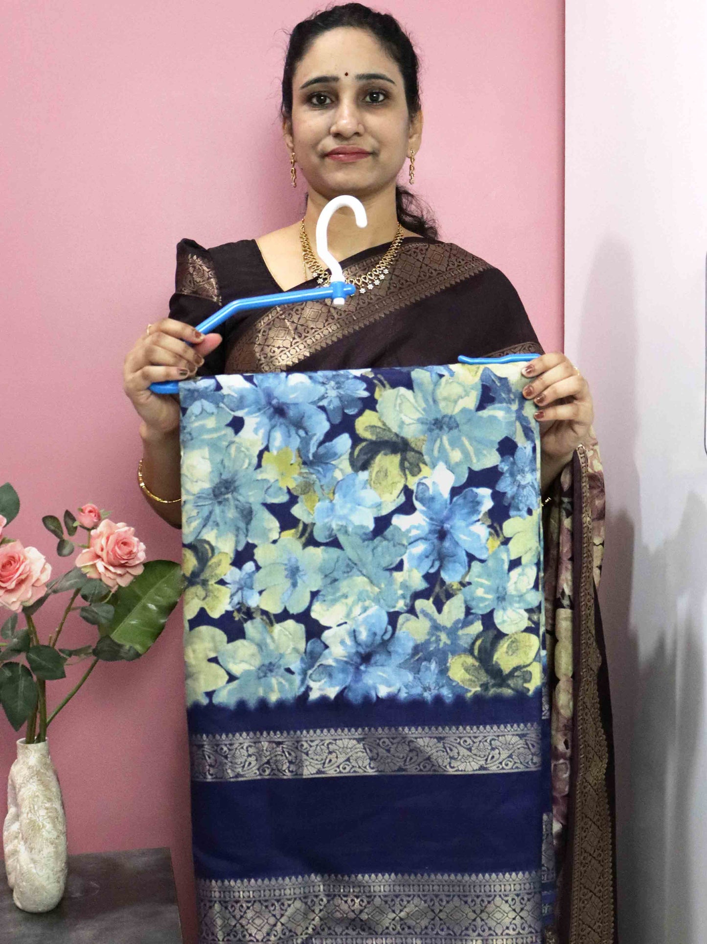 Blue Fancy Silk Saree With Jacquard Gap Border and Beautiful Floral Print