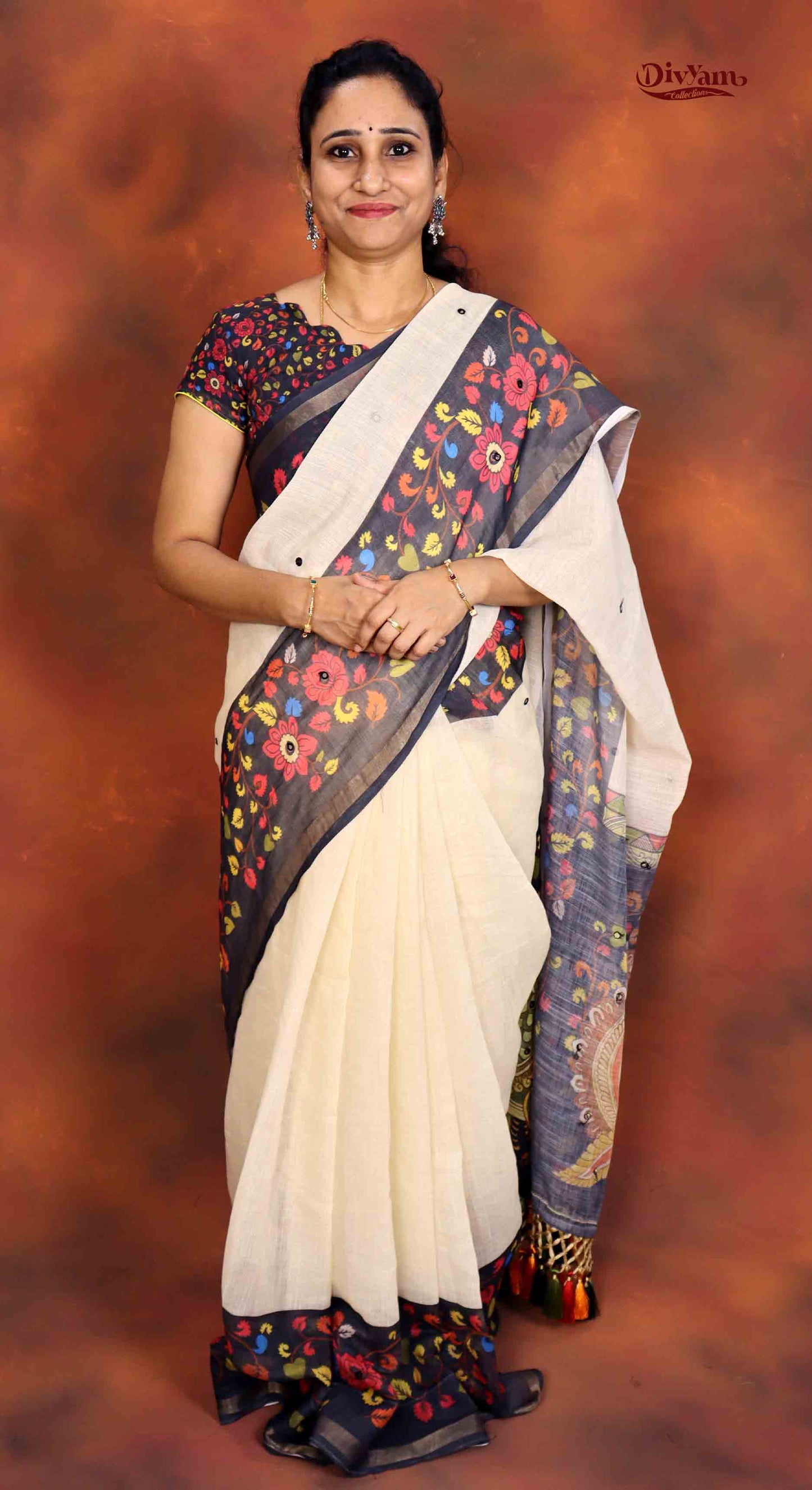 Linen Silk Saree with Contrast Kalamkari Border & Zari Piping | DC224