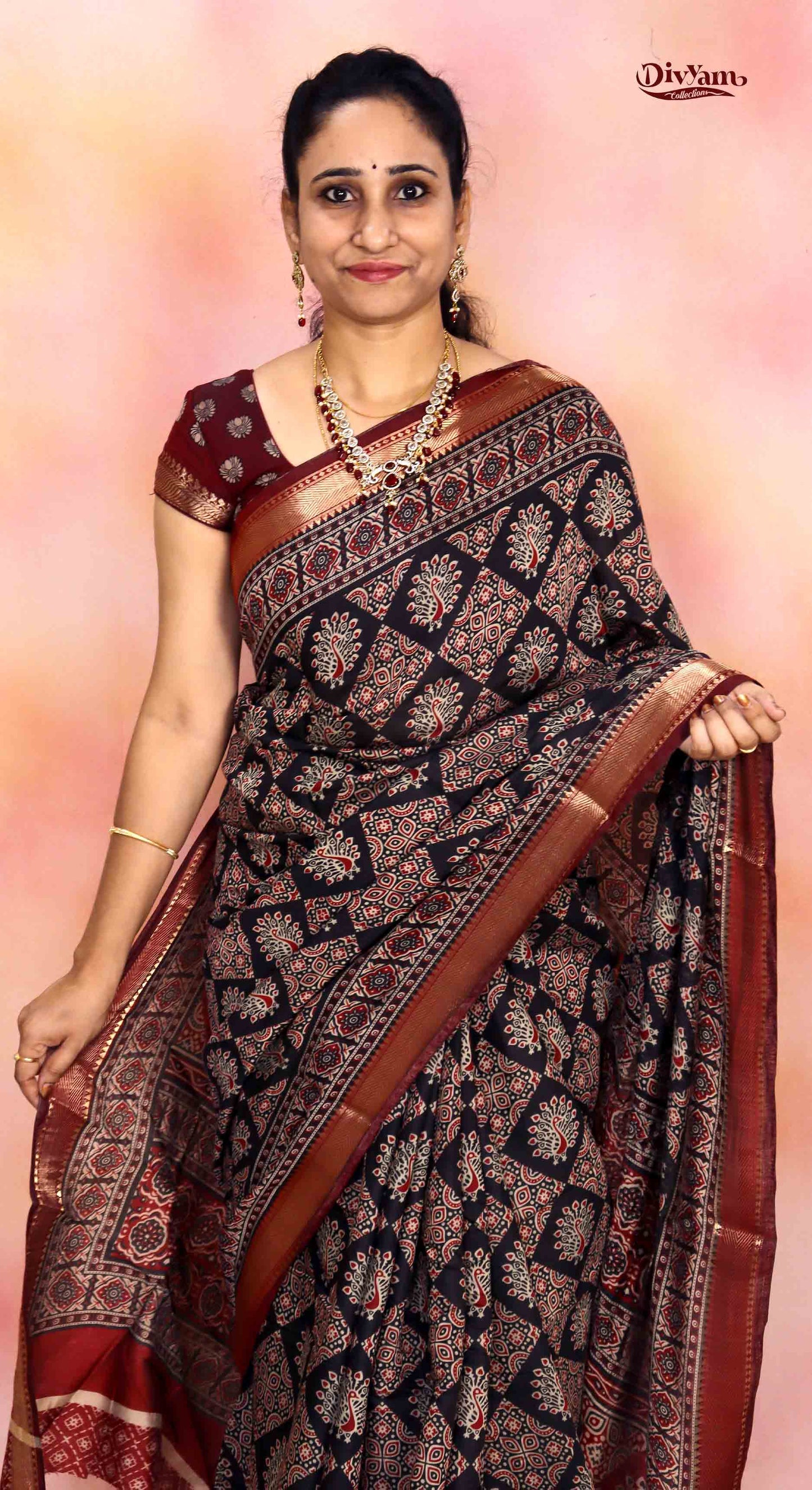 DC220 | Mangalgiri Silk Saree with Traditional Ajrakh Print & Nyzam Temple Border