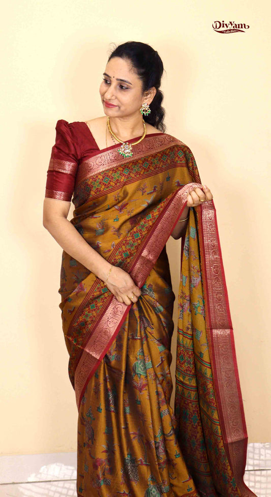 DC159 | Maheshwari Silk Saree with Kalamkari Art Design & Narayanpet Zari Border | Contrast Blouse