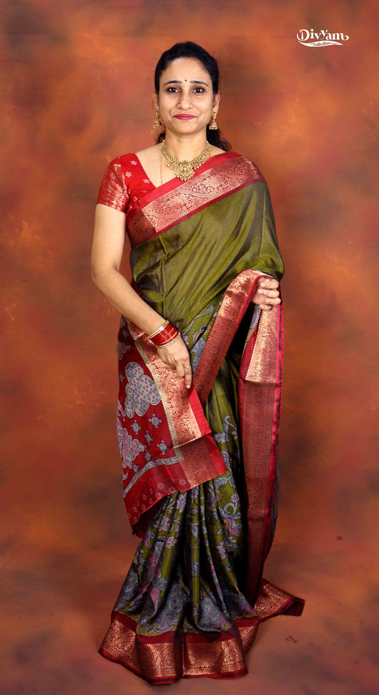DC234 | Maheshwari Silk Saree with Floral & Dancing Dolls Kalamkari Design | Flora Zari Border