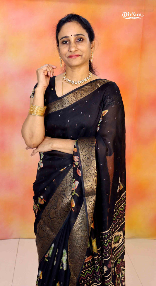 DC165 | Super Soft Banaras Georgette Saree with Digital Floral Print | Elegant Black Saree with Running Blouse