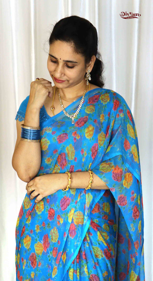 DC293 | Lightweight Original Chiffon Saree with Floral Design & Running Blouse