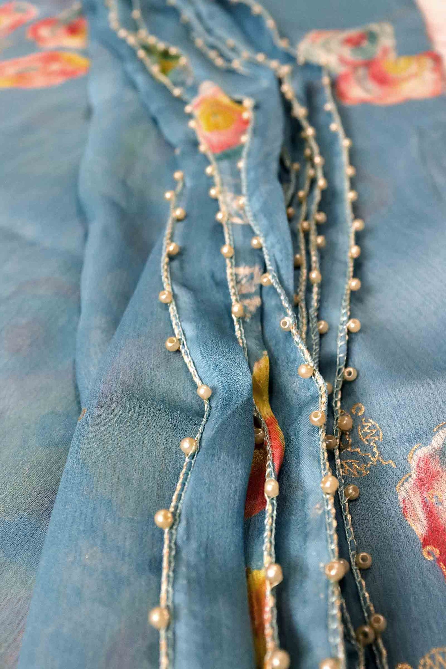 DCCH47 | Pastel Blue Pure Chiffon Saree with Floral Print & Beaded Border | Soft & Elegant