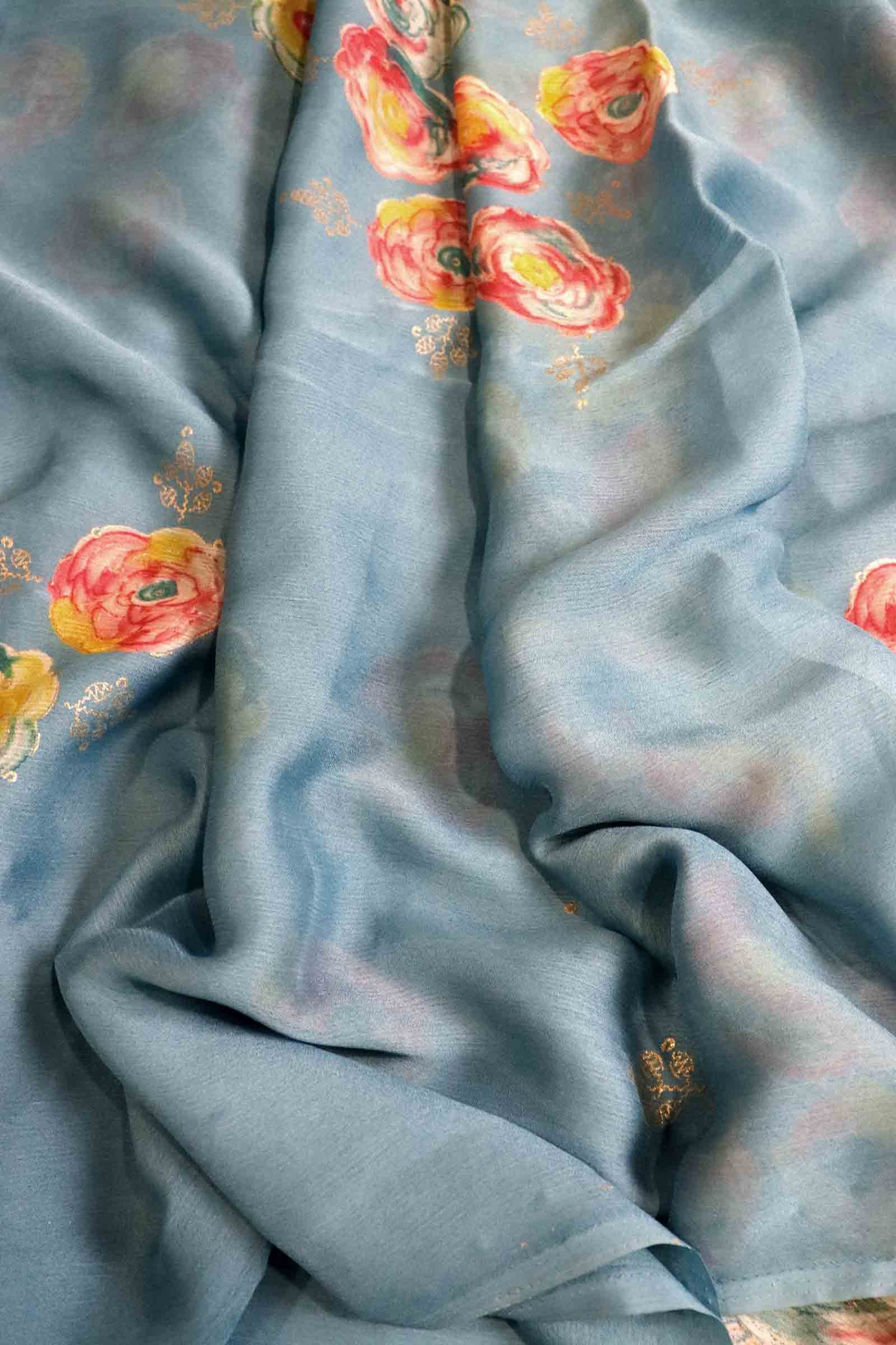 DCCH47 | Pastel Blue Pure Chiffon Saree with Floral Print & Beaded Border | Soft & Elegant