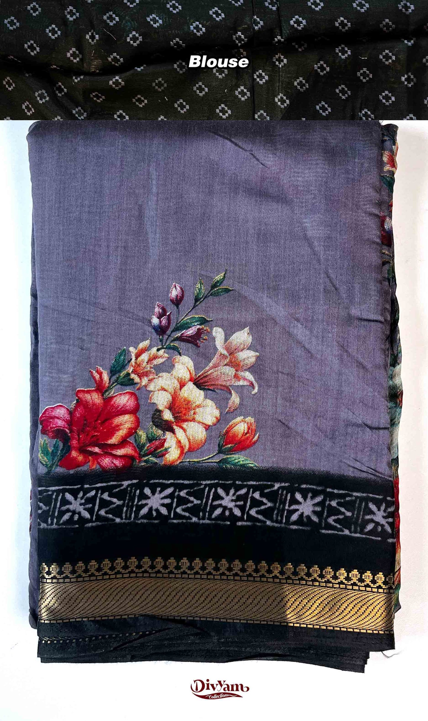 DC192 | Premium Maheshwari Silk Floral Print Saree with Nizampet Border & Contrast Blouse
