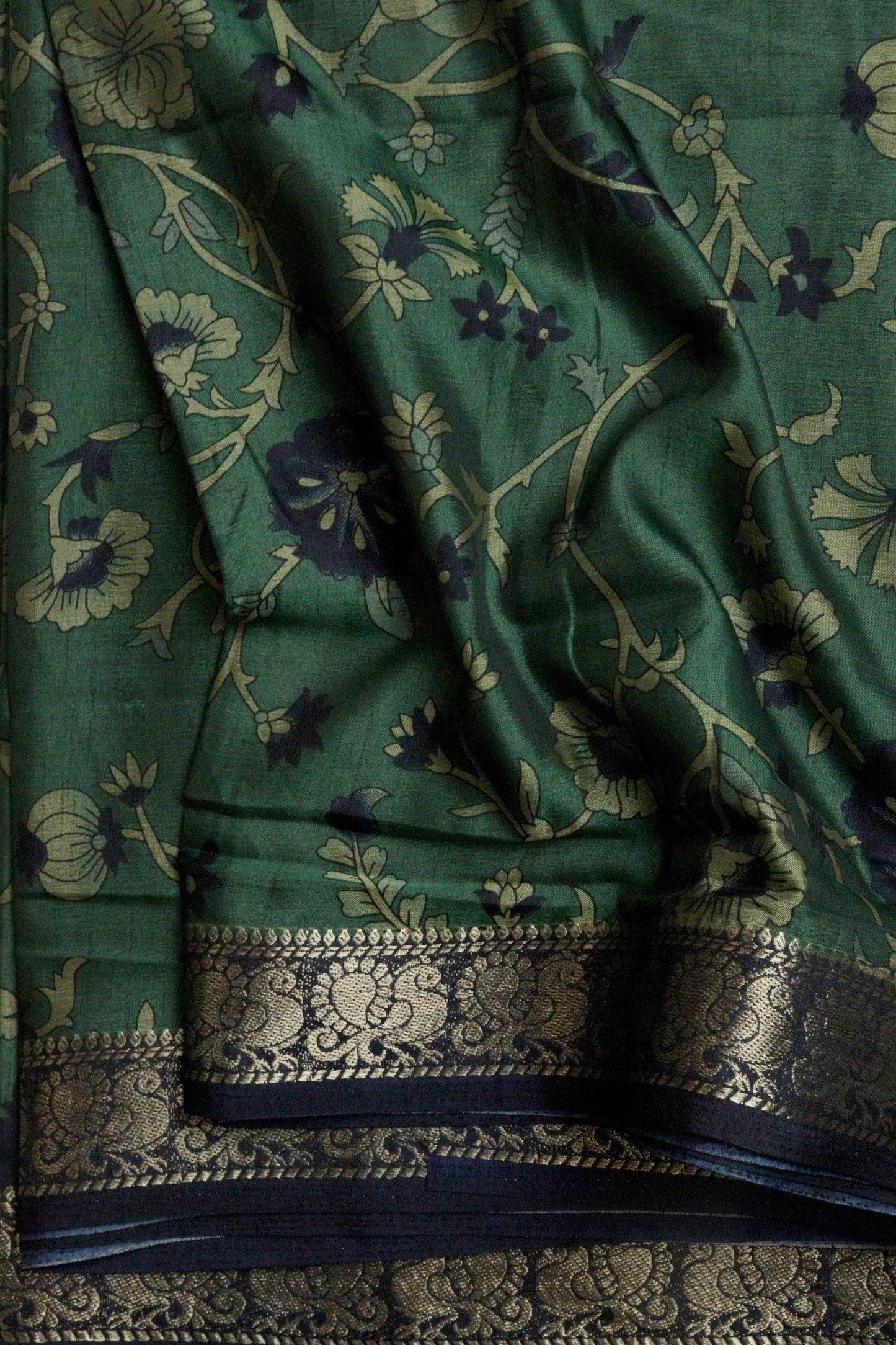 DCMS39 Bottle Green Maheshwari Silk Sarees with Narayanapattu Border & Kalamkari Print