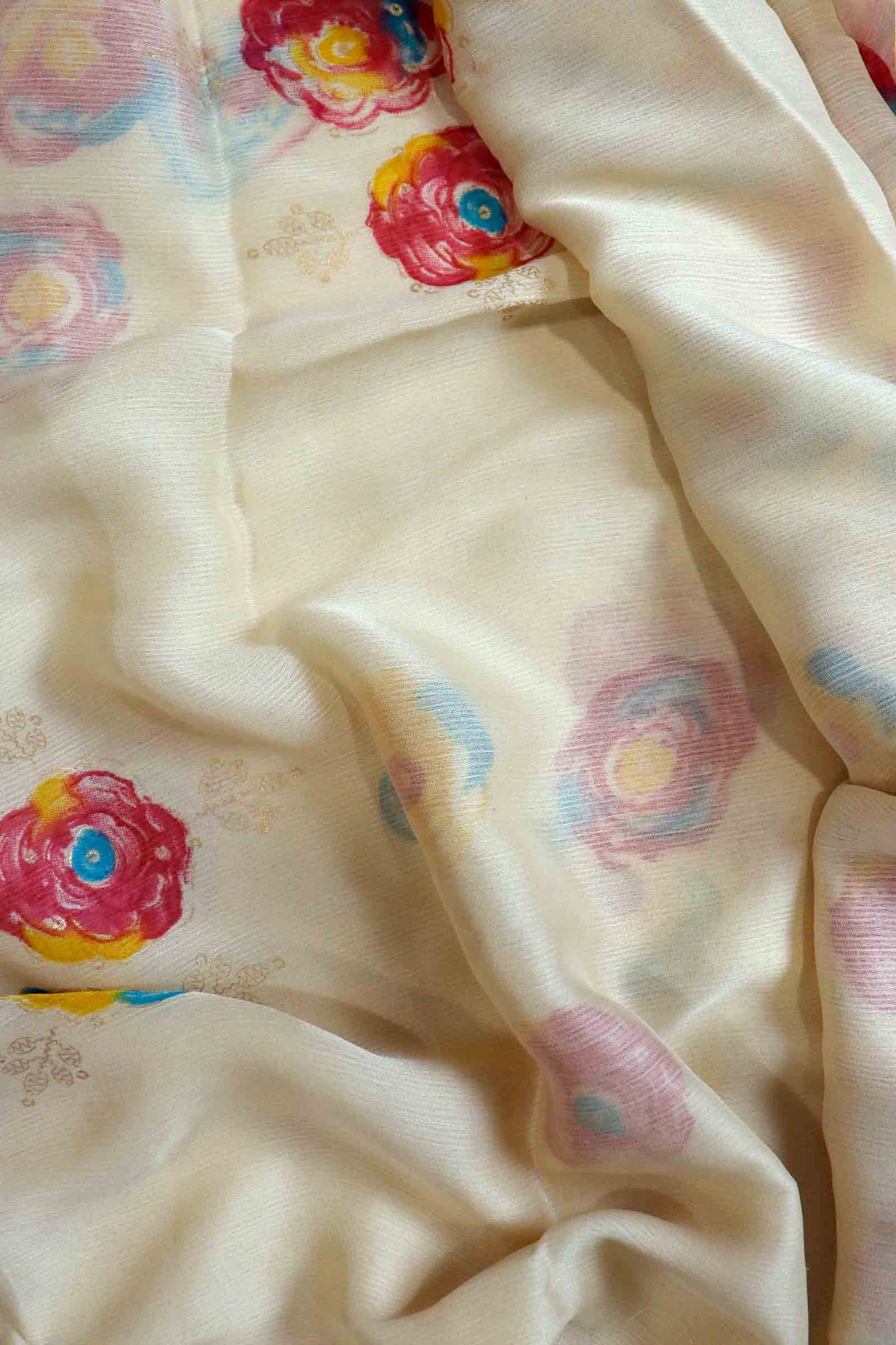 DCCH45 | Pastel Cream Pure Chiffon Saree with Floral Print & Beaded Border | Elegant Lightweight Drape