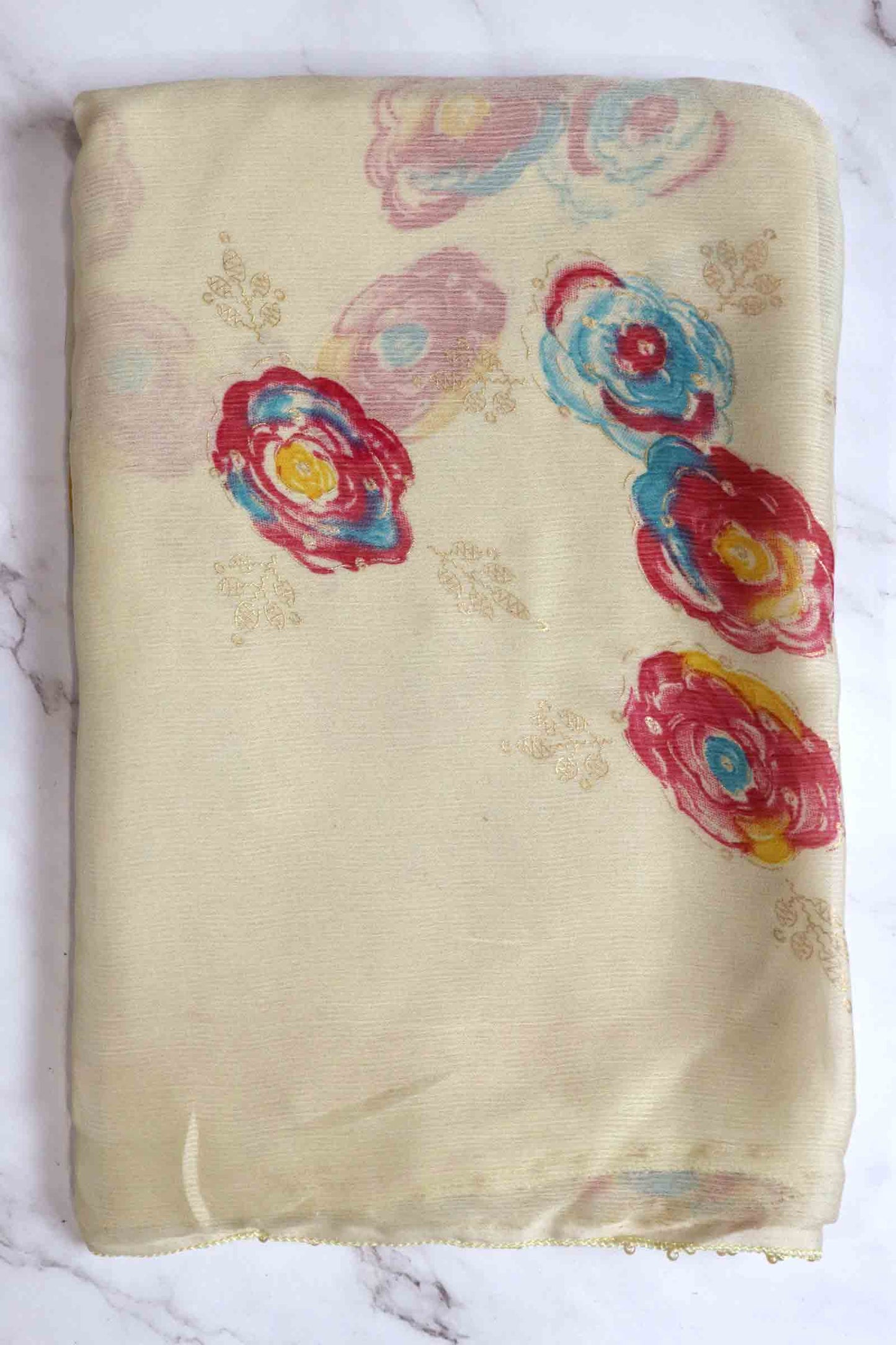 DCCH45 | Pastel Cream Pure Chiffon Saree with Floral Print & Beaded Border | Elegant Lightweight Drape