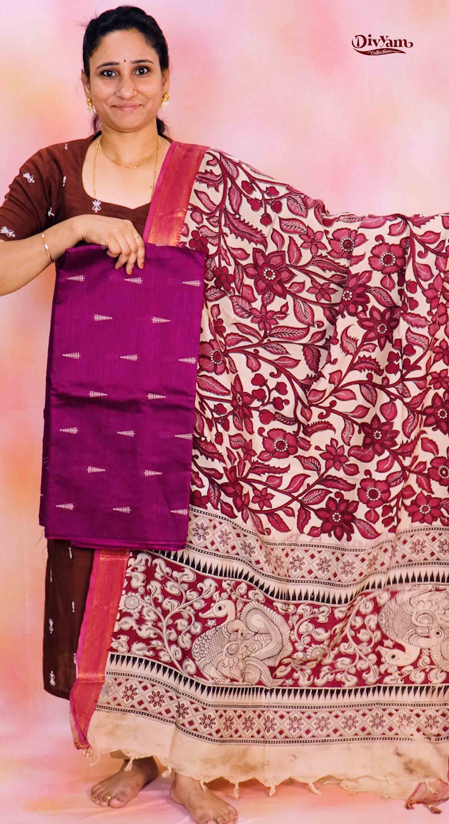 DC237 | Raw Silk Dress Material with Chennuri Silk Kalamkari Dupatta & Original Nizam Border