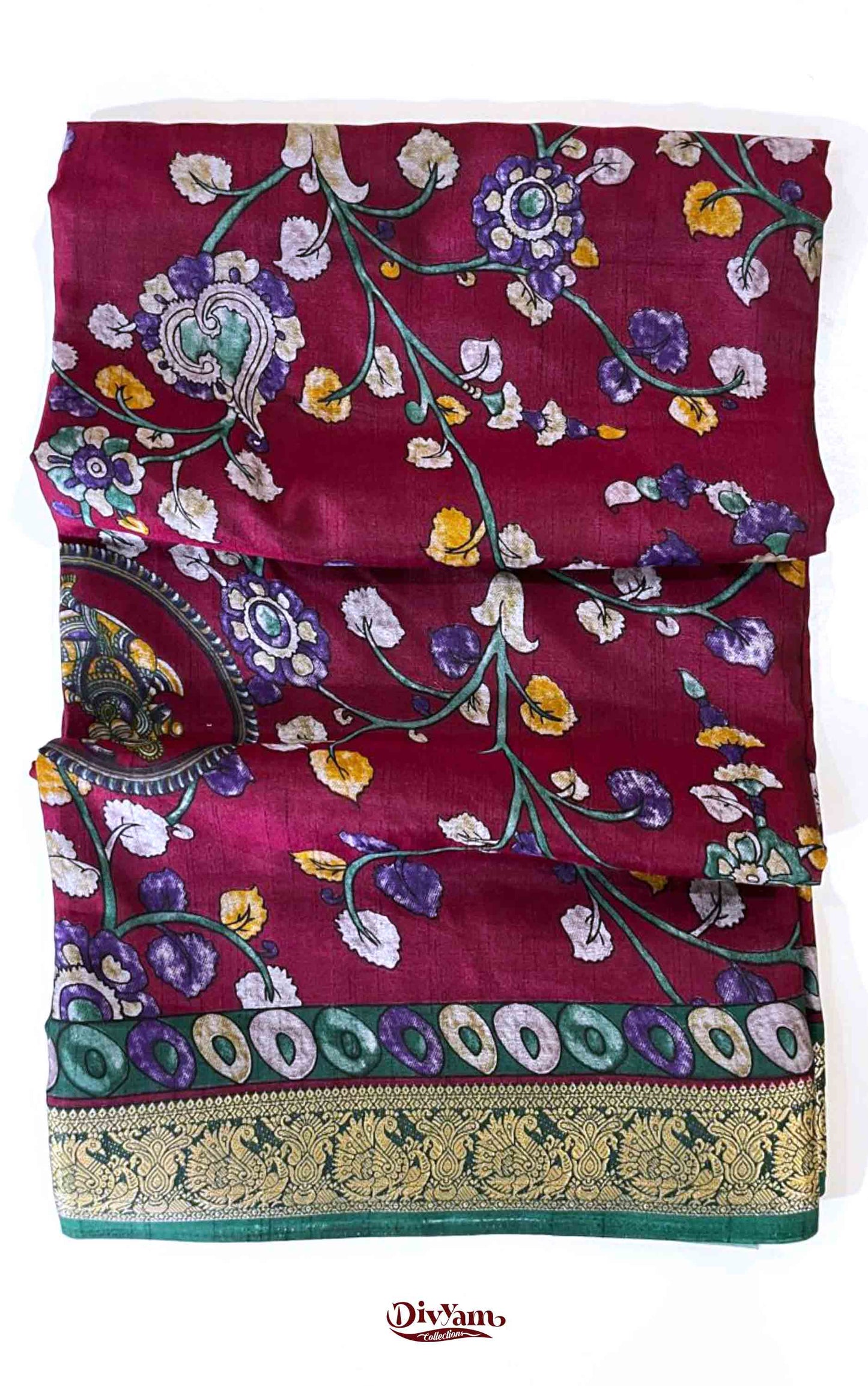 DC113 | Maheshwari Silk Saree with Kalamkari Print & Narayanapattu Hamsa Border | Running Blouse | 6 Colours
