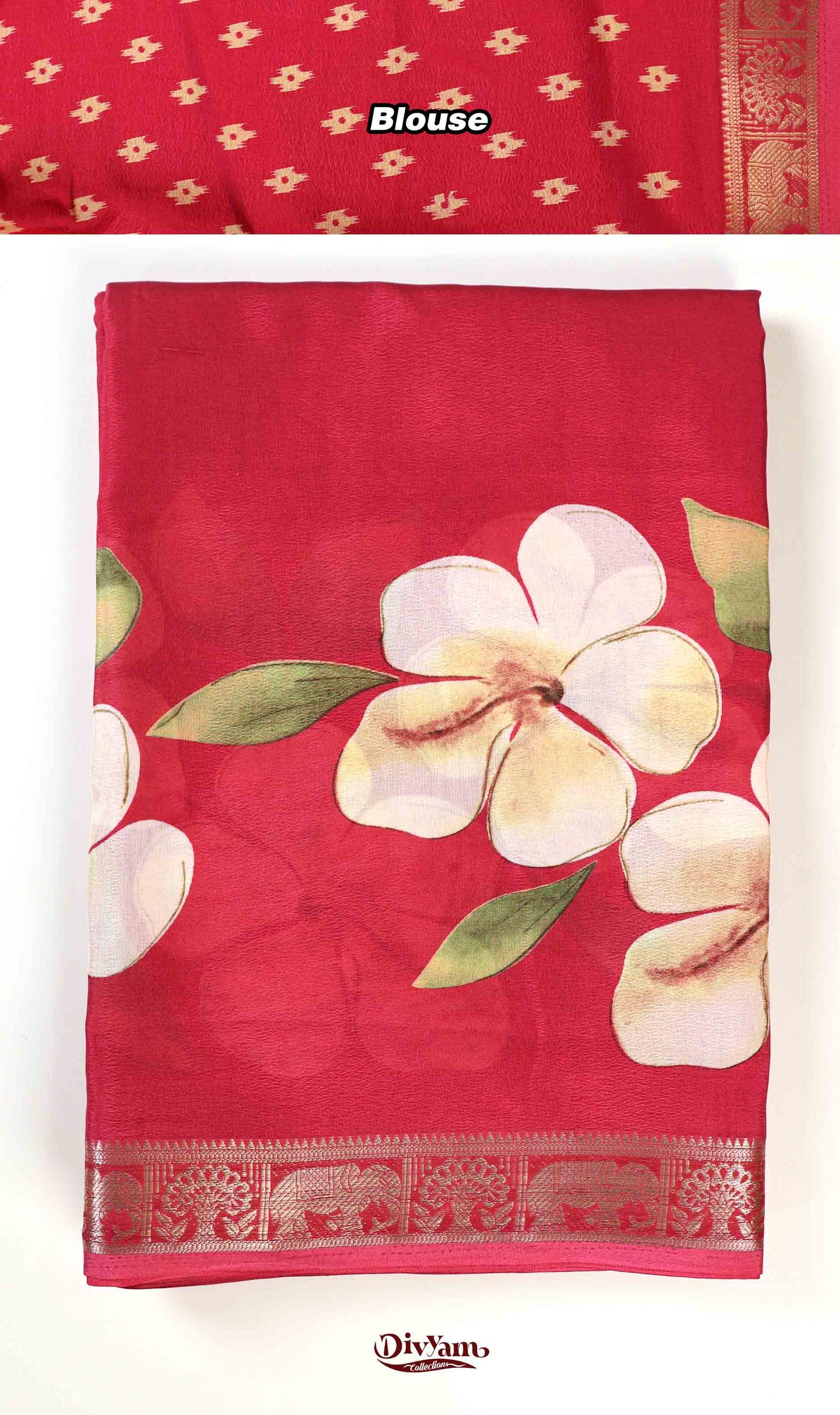 DC233 | Crepe Silk Saree with Mangalagiri Floral Digital Print & Piping Zari Border