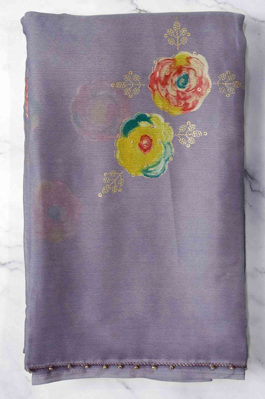 DCCH46 | Purple Pure Chiffon Saree with Floral Print & Beaded Border | Pastel Elegance