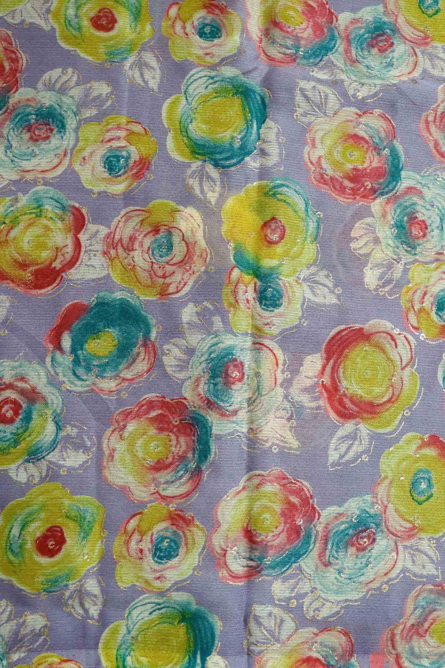 DCCH46 | Purple Pure Chiffon Saree with Floral Print & Beaded Border | Pastel Elegance