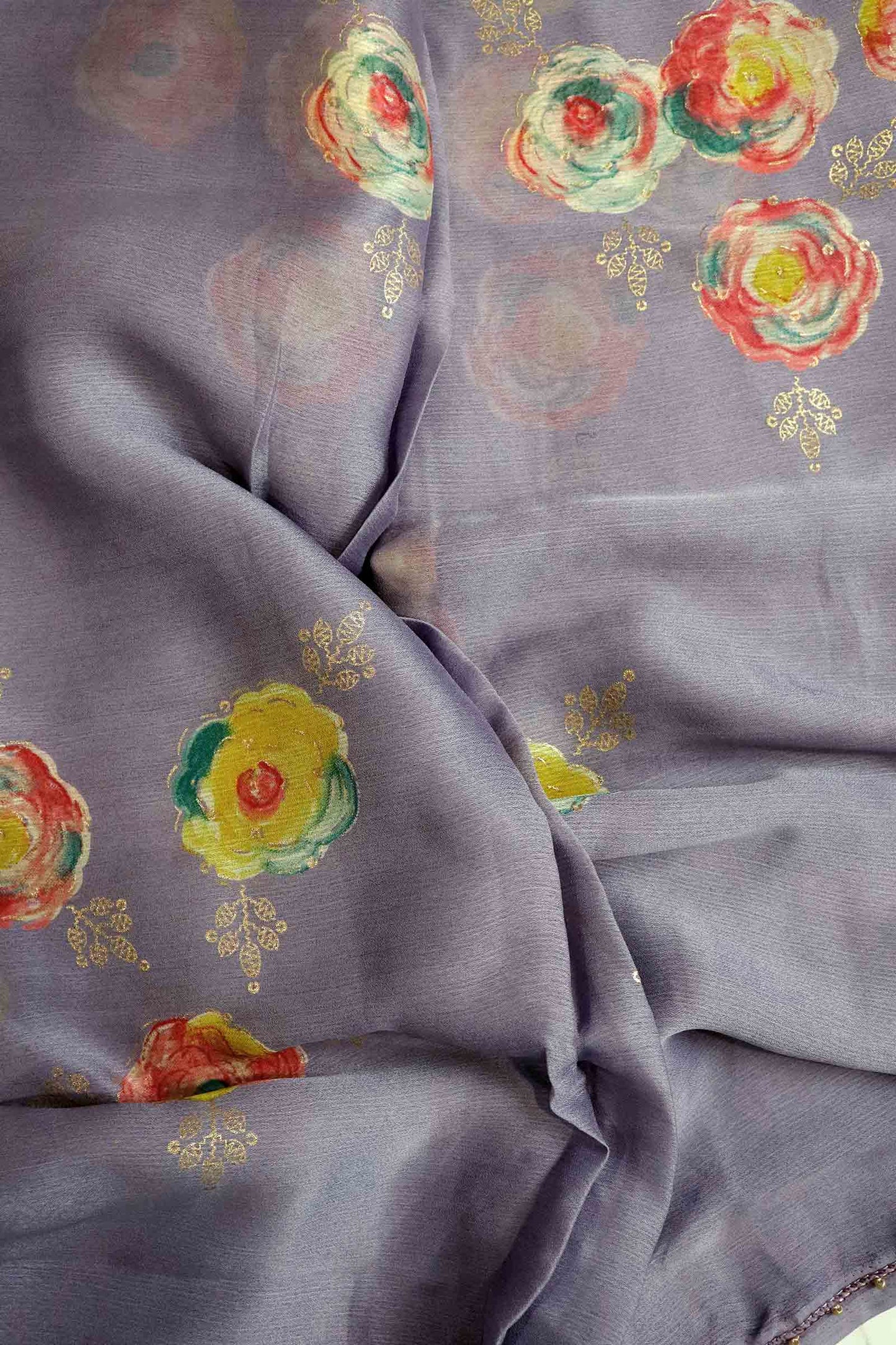 DCCH46 | Purple Pure Chiffon Saree with Floral Print & Beaded Border | Pastel Elegance