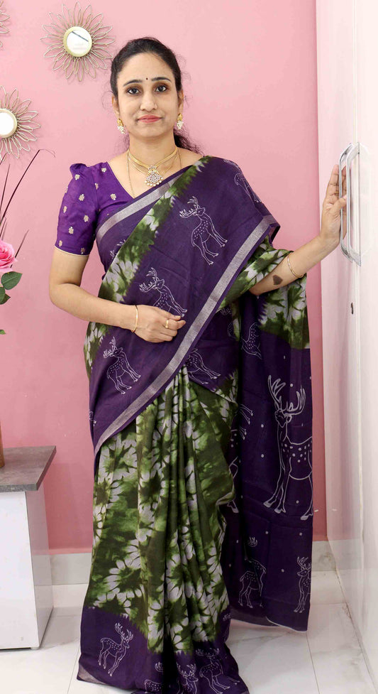 DC131 Shiny Cotton Muslin Batik Print Saree with Deer Motifs | Running Blouse | 6 Colours