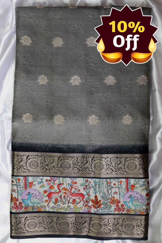 Grey Designer Silk Saree – Double Border with Pichwai Print
