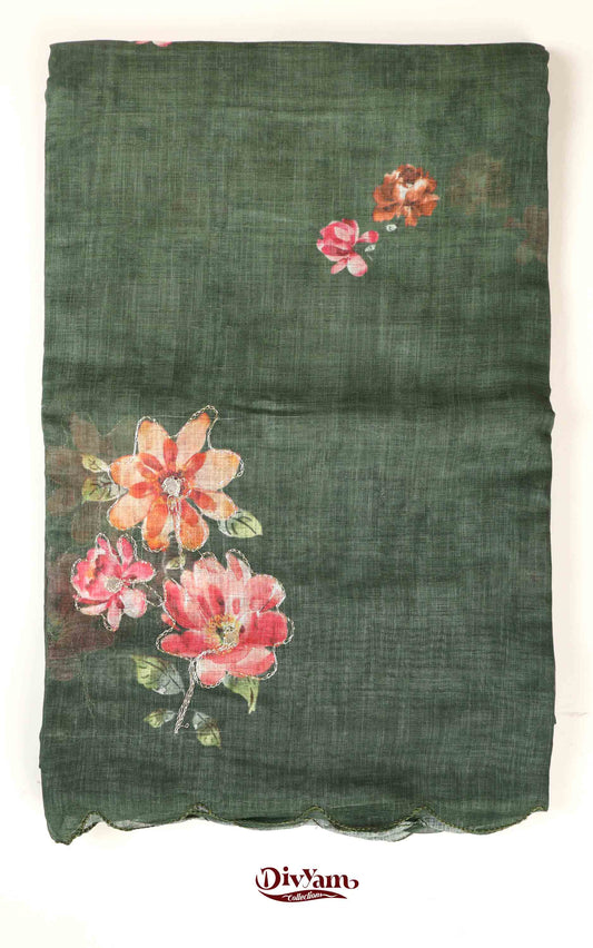 DC150 | Premium Linen Saree with Digital Floral Print, Embroidery & Elegant Cut Work