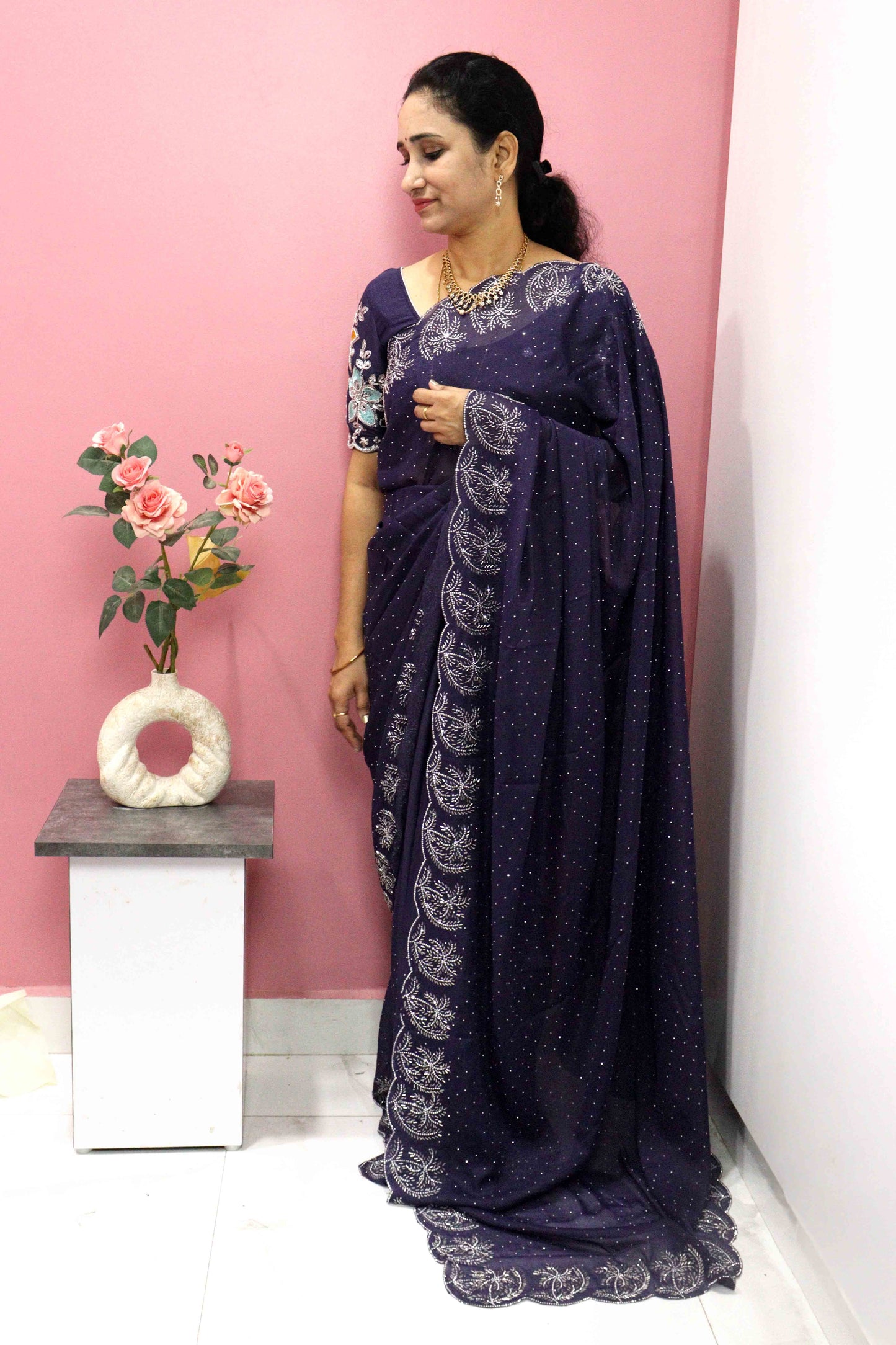 DCSS37 | Ink Blue Stone Work Silk Saree with Swarovski & Aari Blouse