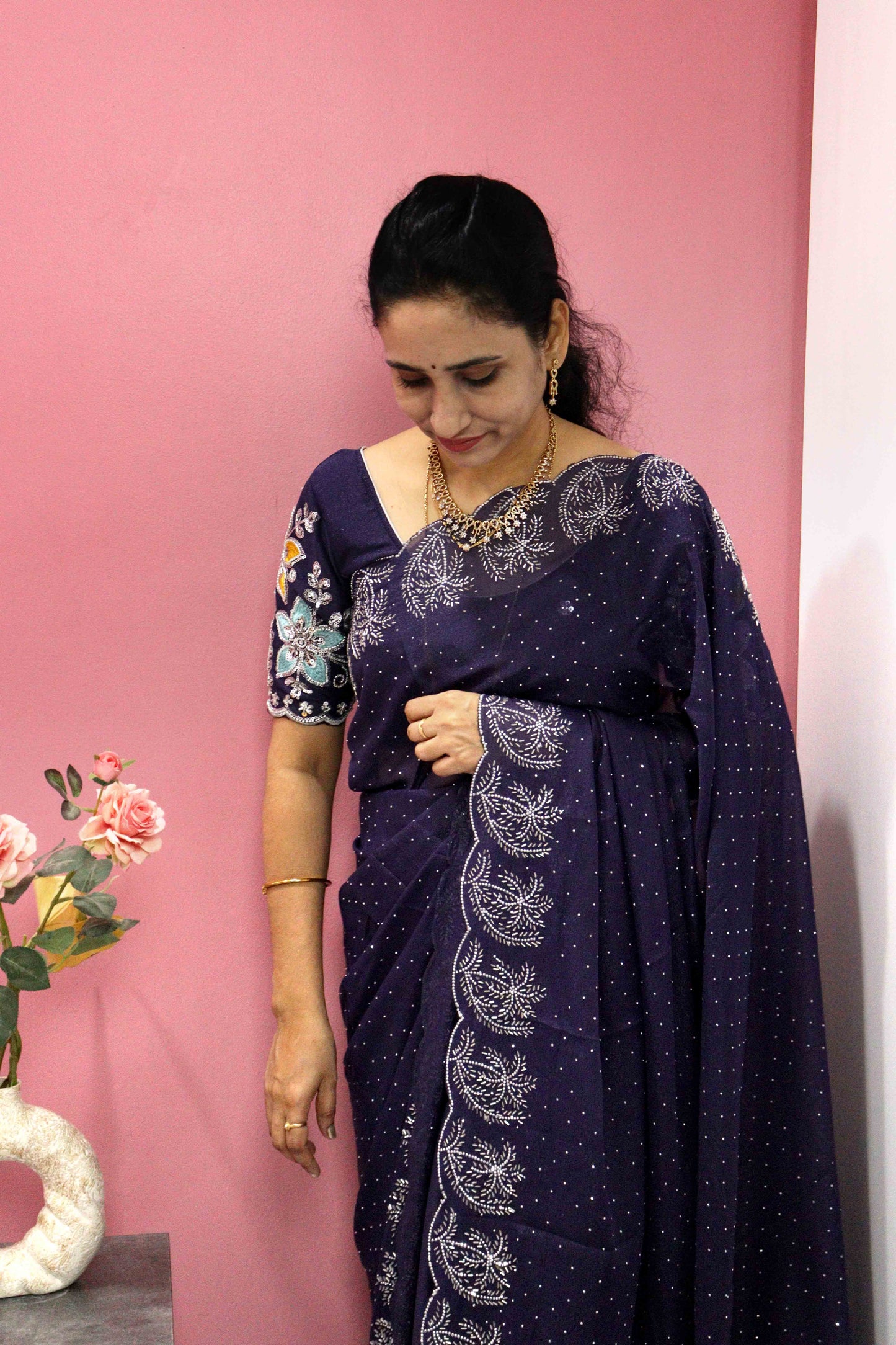 DCSS37 | Ink Blue Stone Work Silk Saree with Swarovski & Aari Blouse