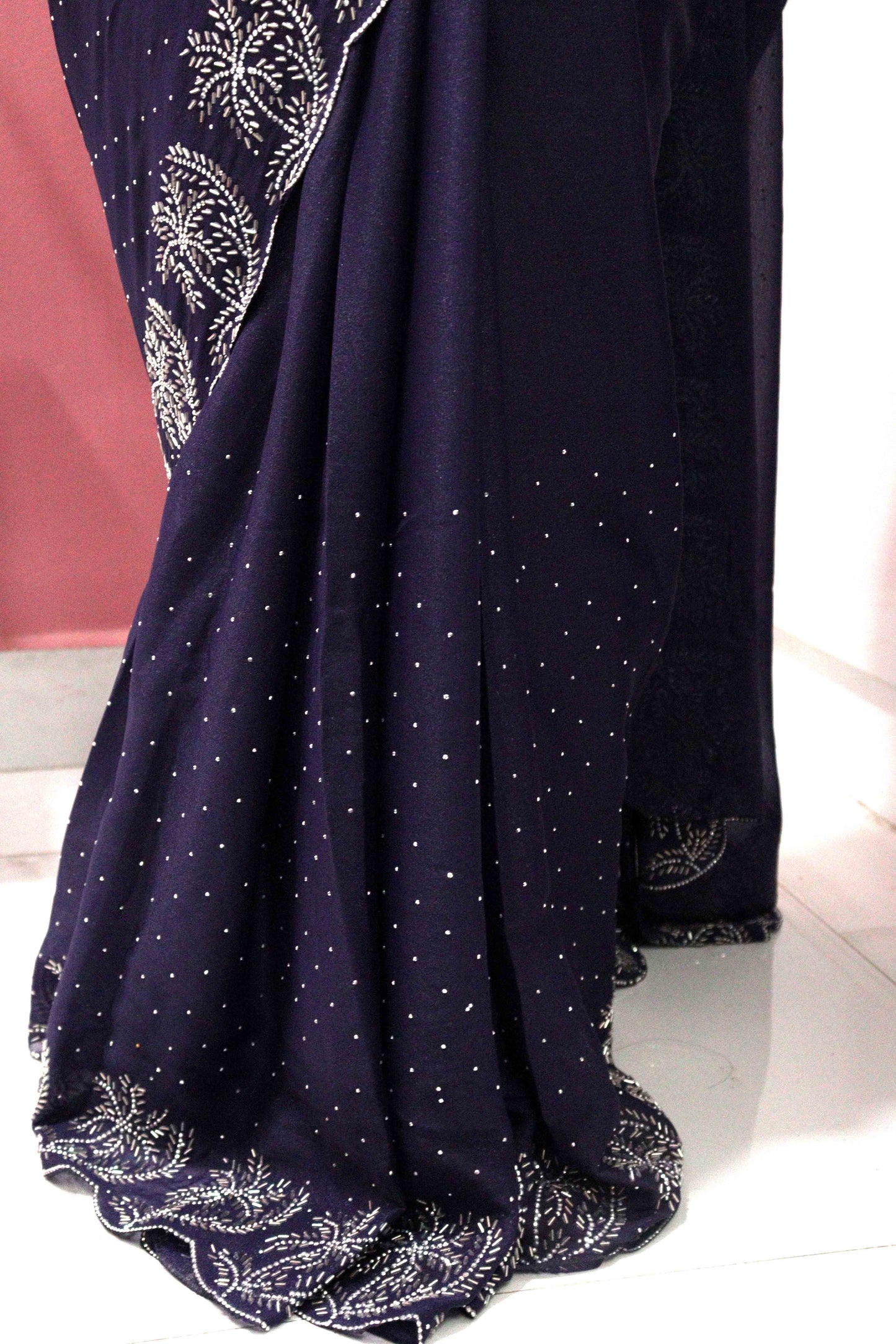 DCSS37 | Ink Blue Stone Work Silk Saree with Swarovski & Aari Blouse