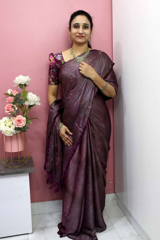 DC106 | Party Wear Brasso Saree with Thread Weaving, Tiny Sequence Work & Shibori Highlights | Tassels Pallu | Kalamkari Satin Blouse