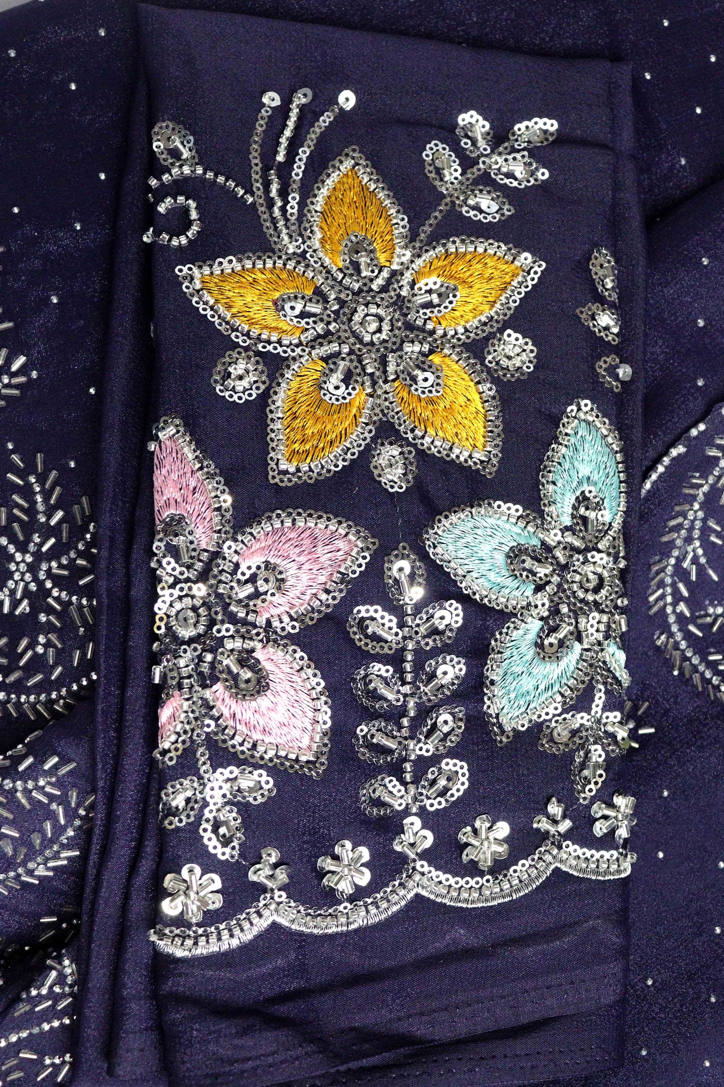 DCSS37 | Ink Blue Stone Work Silk Saree with Swarovski & Aari Blouse