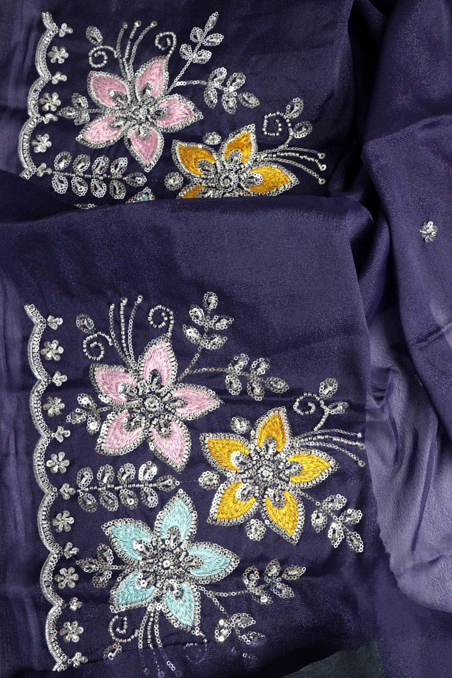 DCSS37 | Ink Blue Stone Work Silk Saree with Swarovski & Aari Blouse