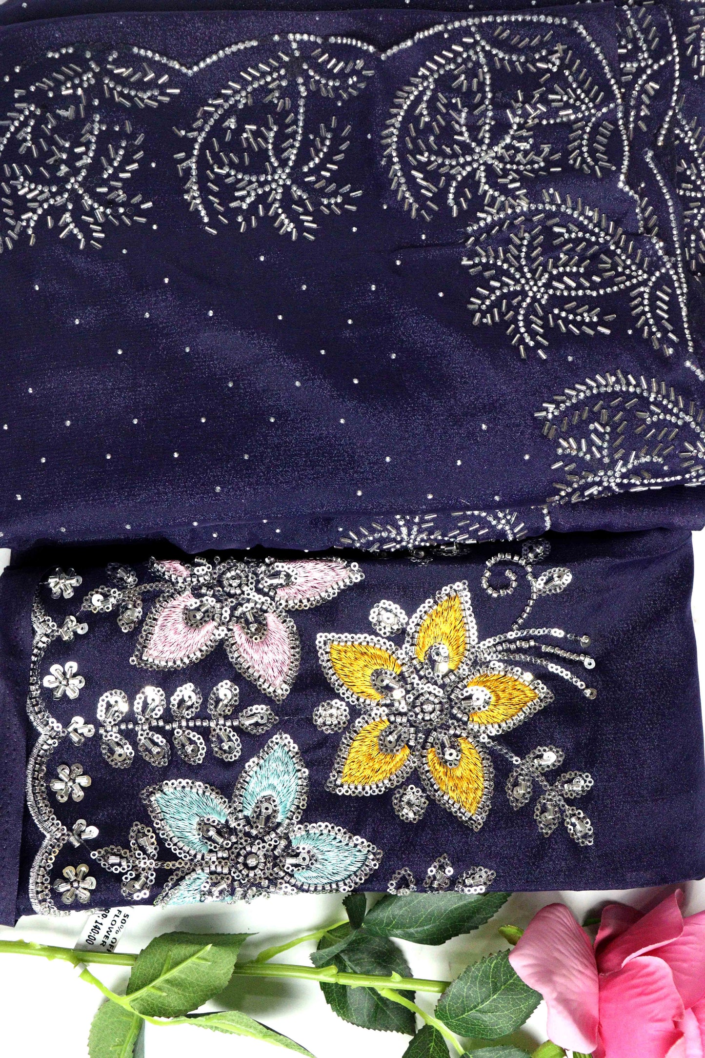 DCSS37 | Ink Blue Stone Work Silk Saree with Swarovski & Aari Blouse