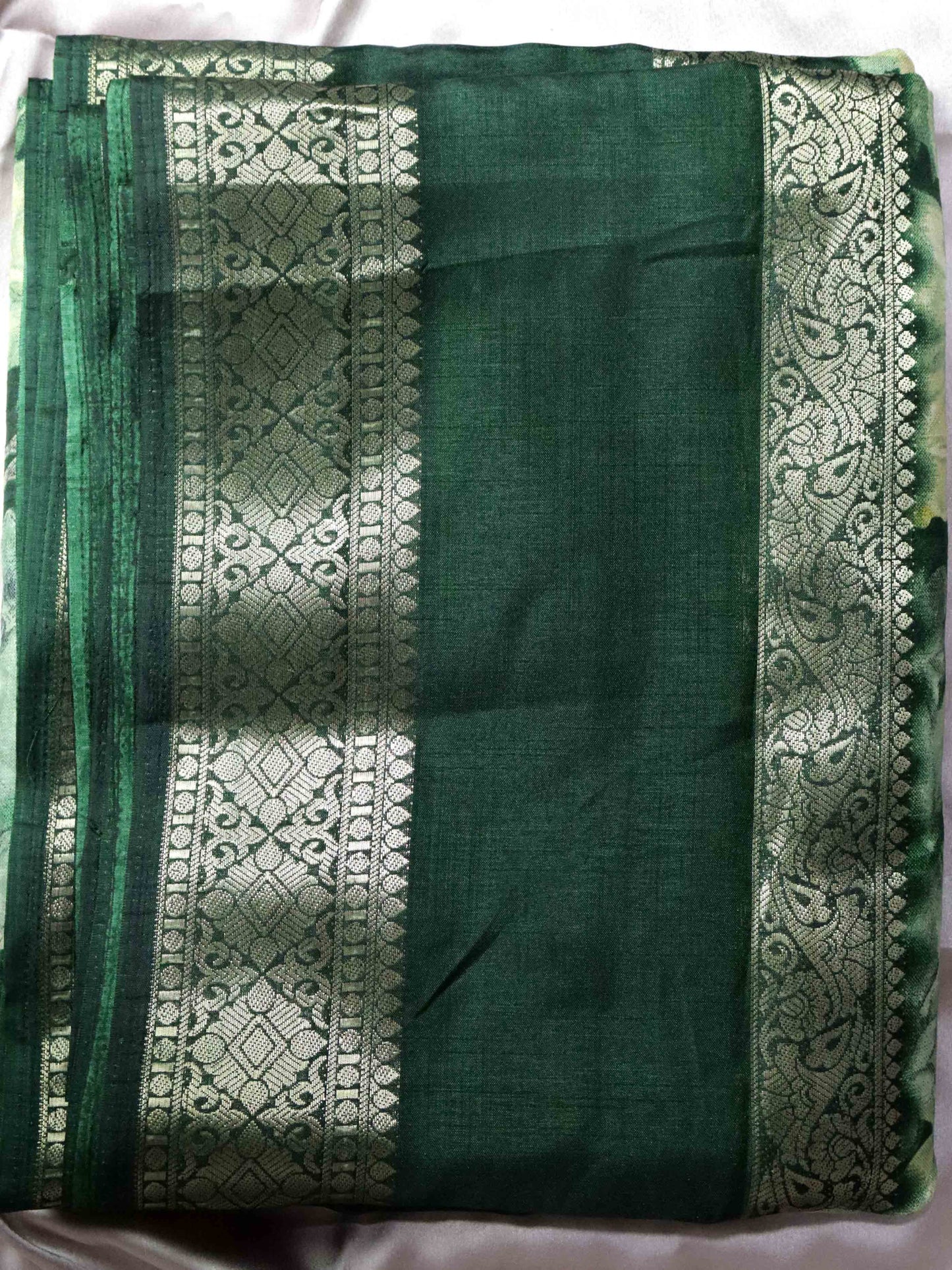 Green Fancy Silk Saree with Jacquard Gap Border and Beautiful Floral Print