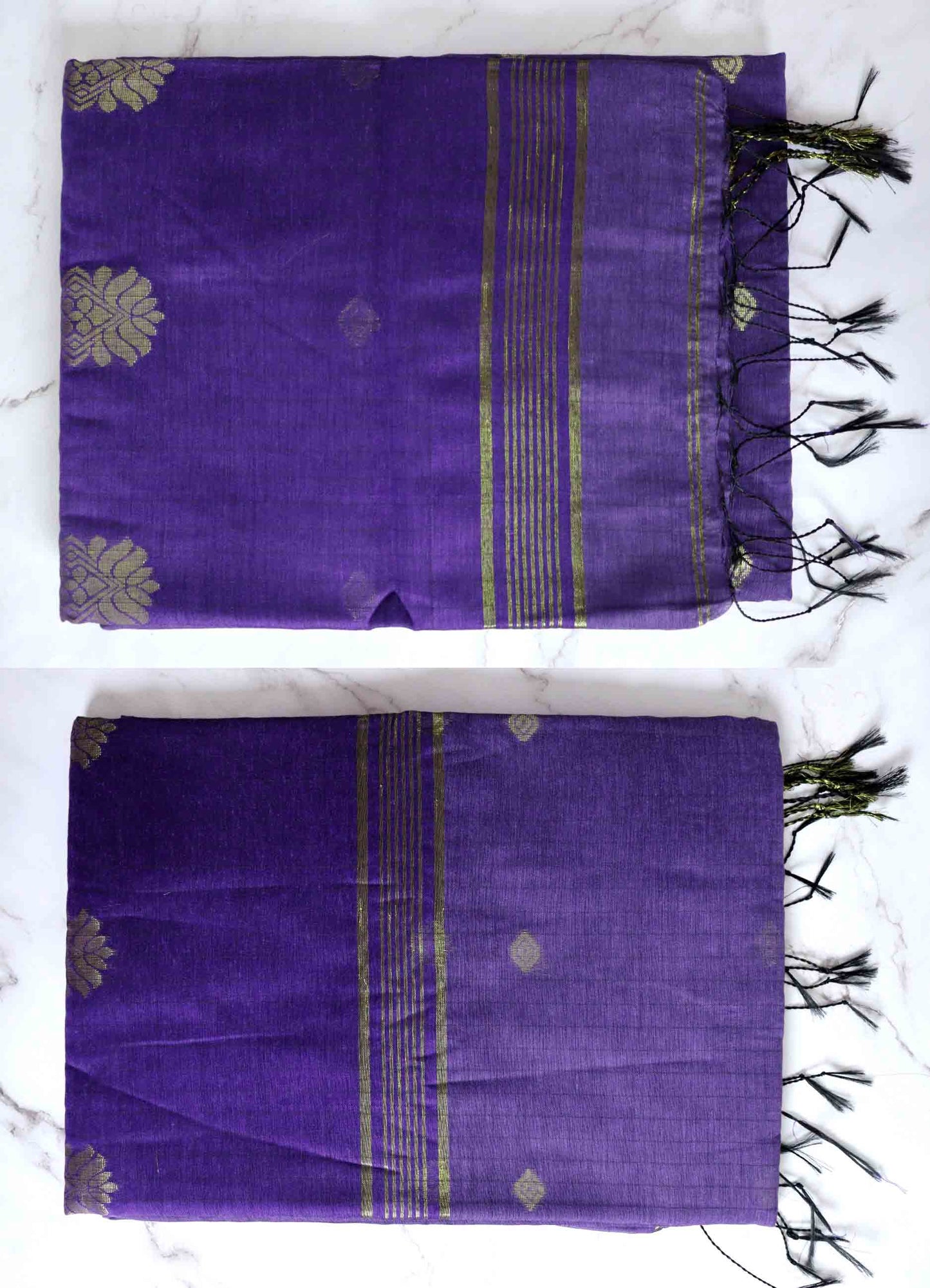 DC132 | Maheshwari Handloom Silk Cotton Saree with Golden Jari Buttas & Dual Shade Pallu | 7 Colours