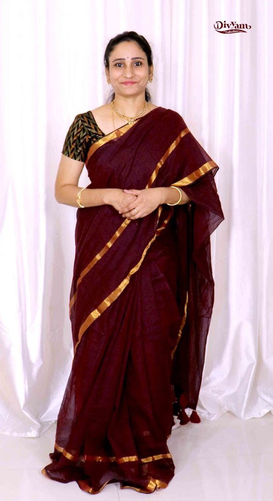 DC185 | Pure Soft Mul Cotton Plain Saree with Premium Gape Border | Maroon Single Shade