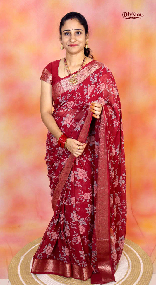 DC278 | Premium Chiffon Saree with Rose Floral Print & Rich Jari Border