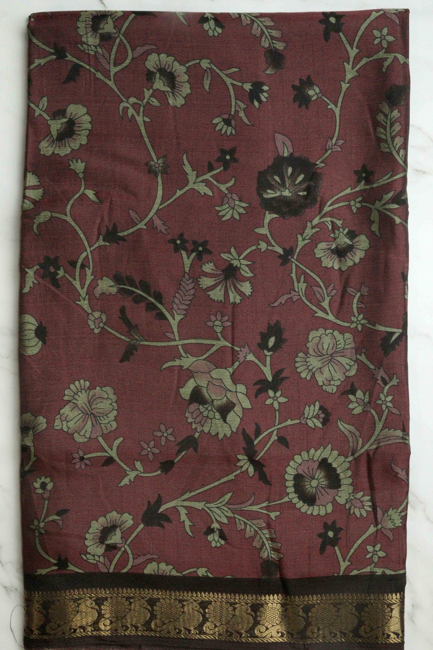 DCMS39 Maroon Wine Maheshwari Silk Sarees with Narayanapattu Border & Kalamkari Print