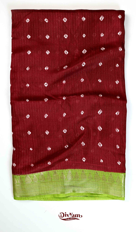 DC146 | Dola Silk Bandhani Print Saree with Golden Jari Lines & Temple Border | Contrast Blouse | 6 Colours