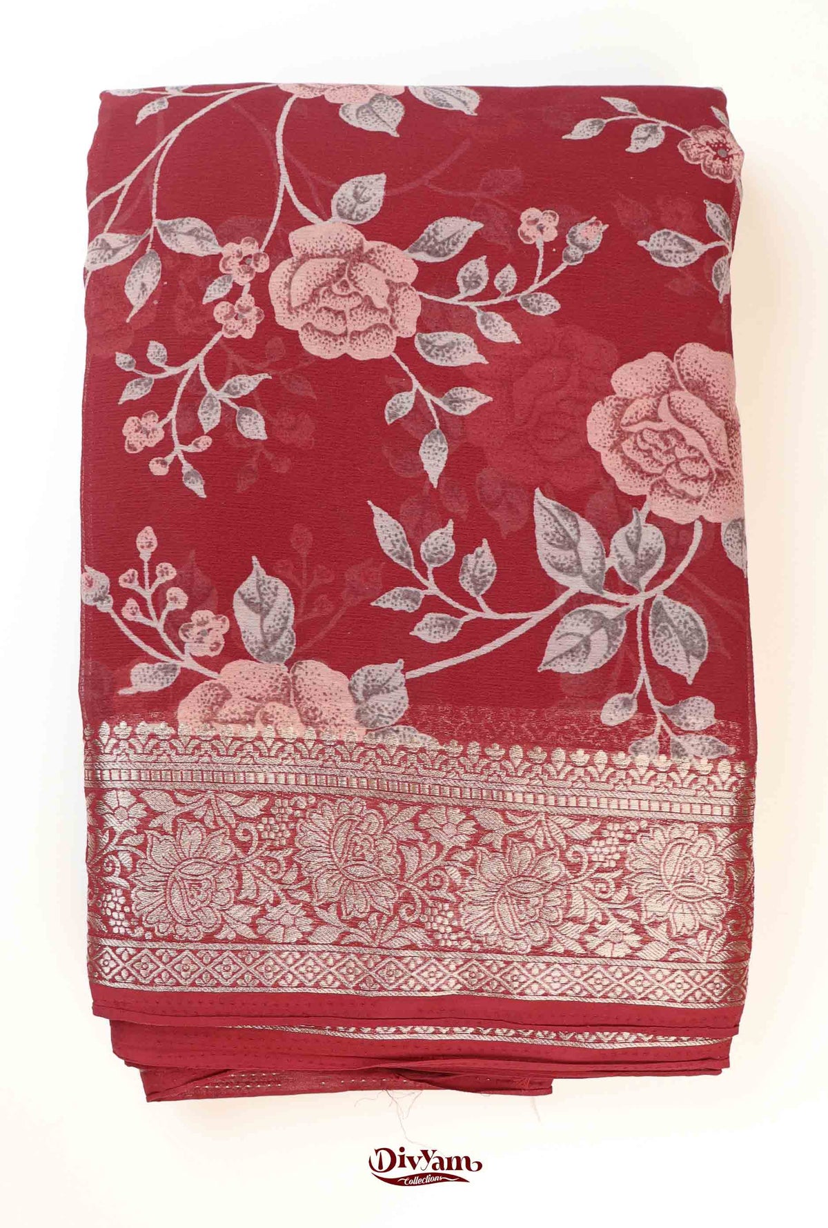 DC278 | Premium Chiffon Saree with Rose Floral Print & Rich Jari Border