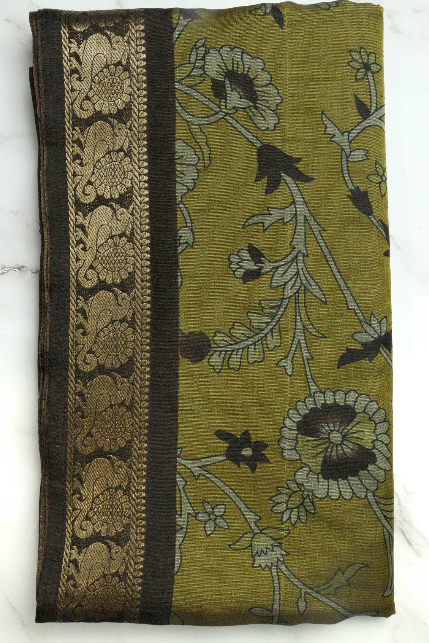 DCMS39 Mustard Green Maheshwari Silk Sarees with Narayanapattu Border & Kalamkari Print