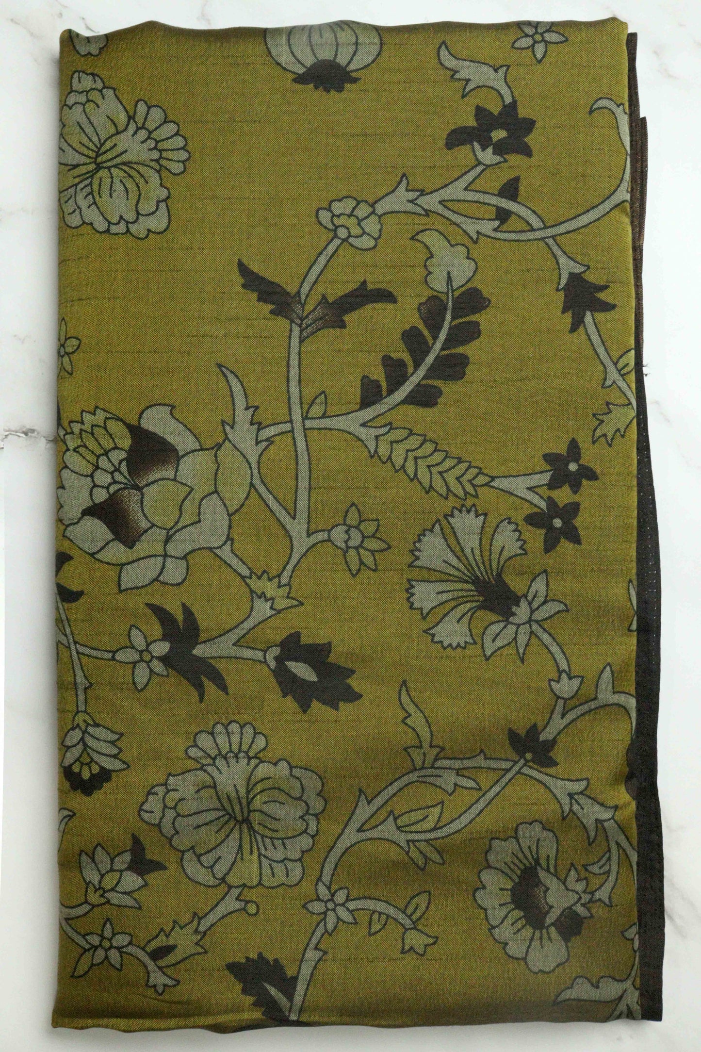 DCMS39 Mustard Green Maheshwari Silk Sarees with Narayanapattu Border & Kalamkari Print
