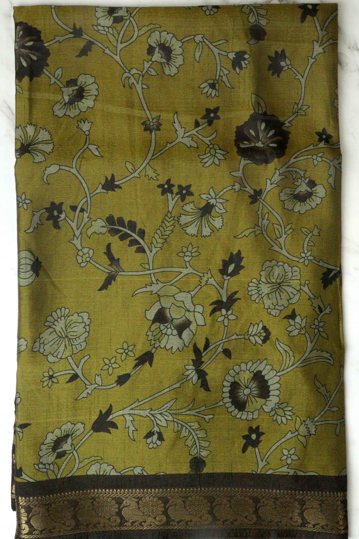 DCMS39 Mustard Green Maheshwari Silk Sarees with Narayanapattu Border & Kalamkari Print