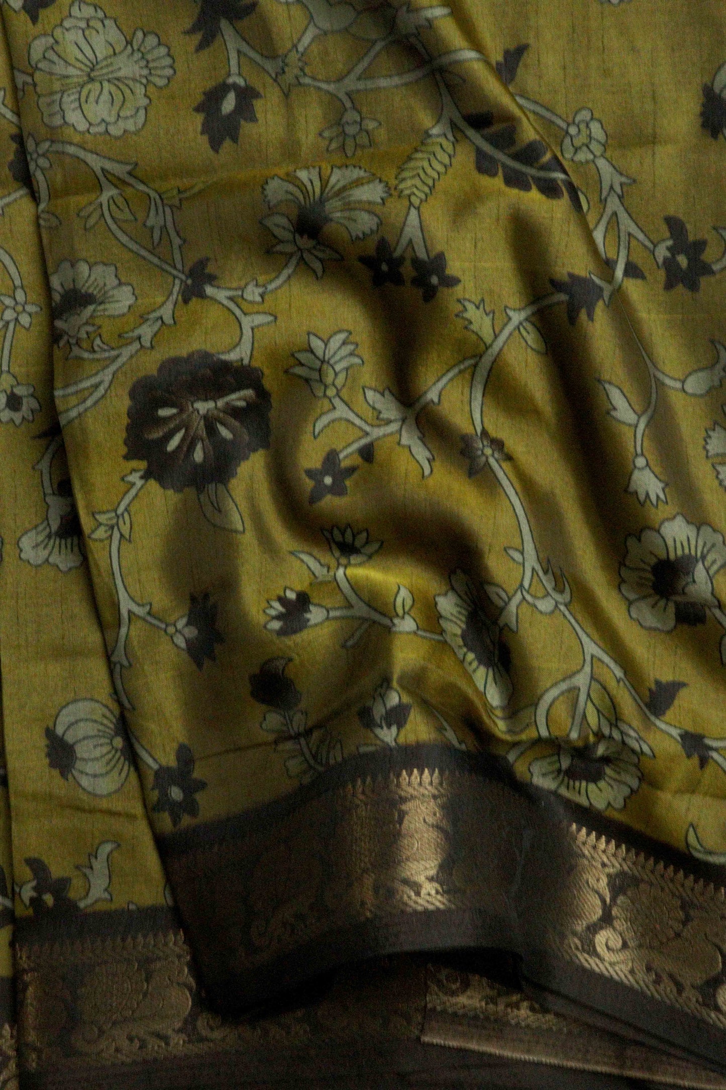 DCMS39 Mustard Green Maheshwari Silk Sarees with Narayanapattu Border & Kalamkari Print