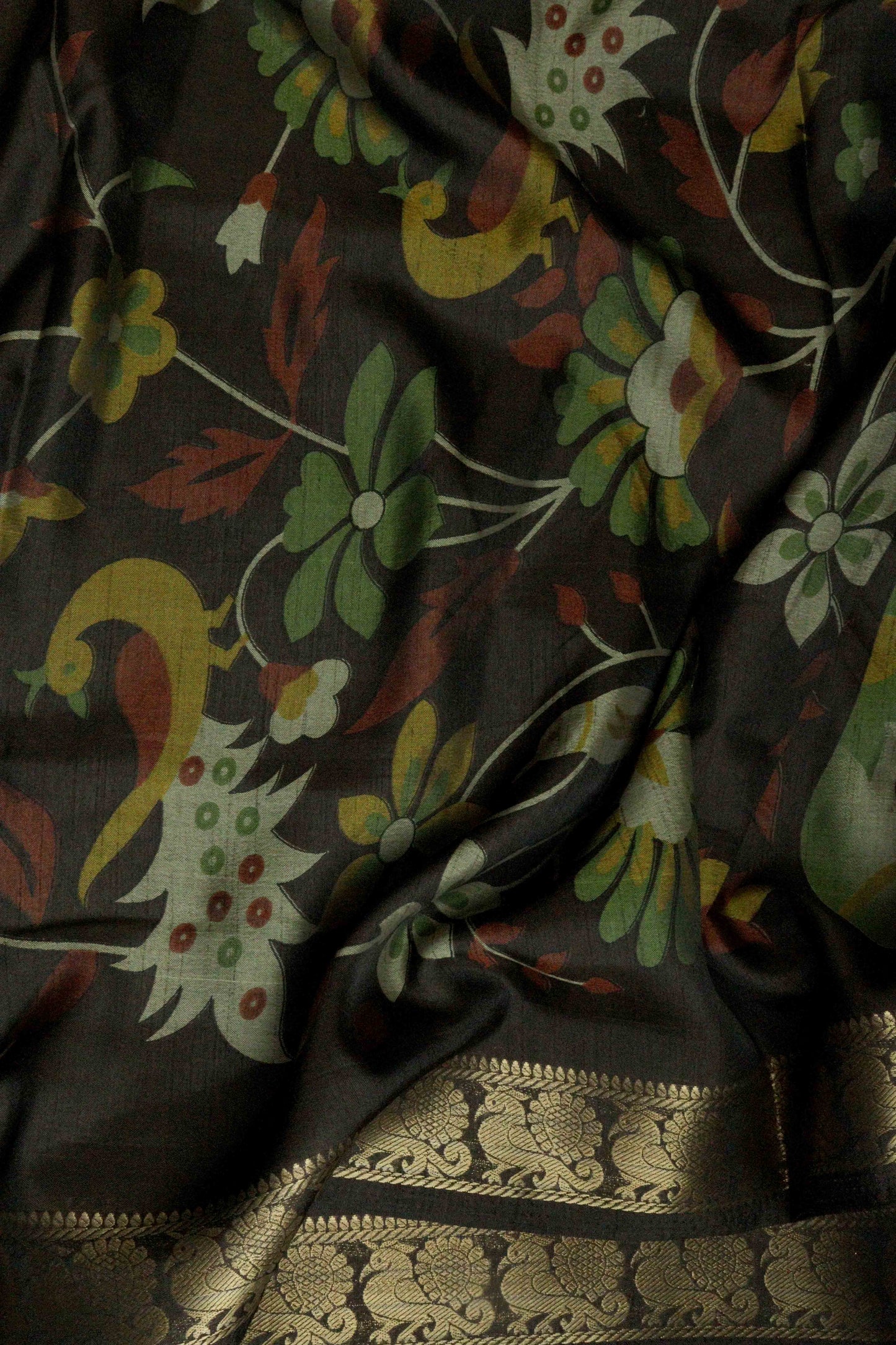 DCMS39 Mustard Green Maheshwari Silk Sarees with Narayanapattu Border & Kalamkari Print