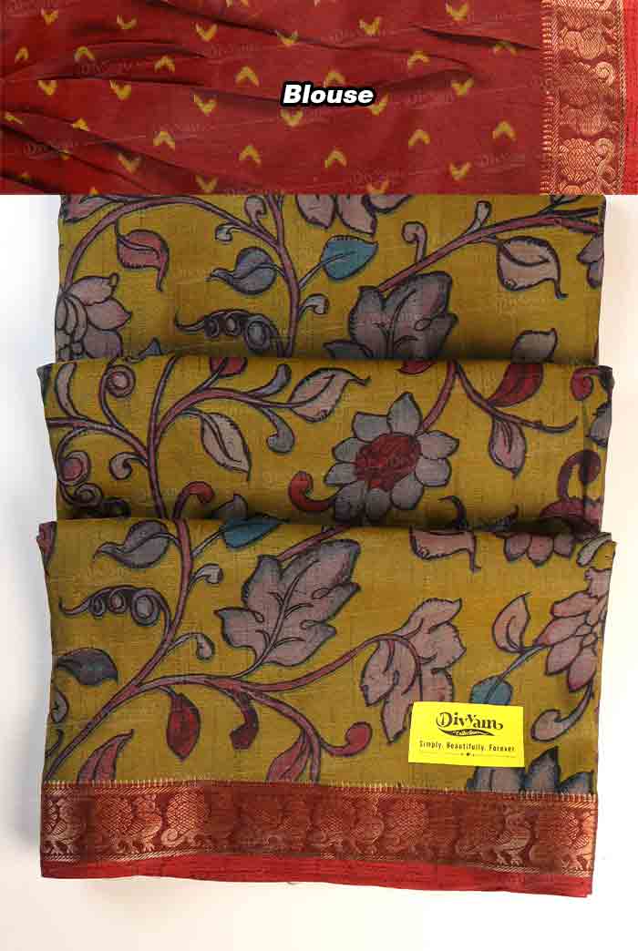 DC295 | Maheshwari Silk Saree with Kalamkari Floral Design & Running Blouse