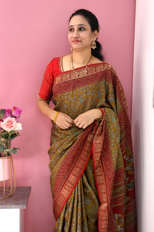 DC83 | Maheshwari Silk Sarees – Narayanapattu Border & Kalamkari Print with bhandini border