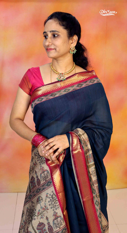 DC164 | Premium Maheshwari Cotton Saree with Narayanpet Border & Pallu | Contrast Blouse