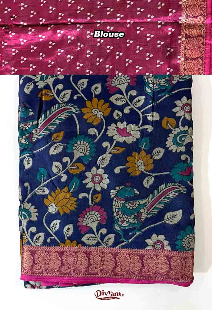 DC314 | Maheshwari Silk Saree with Kalamkari Floral Print & Running Blouse