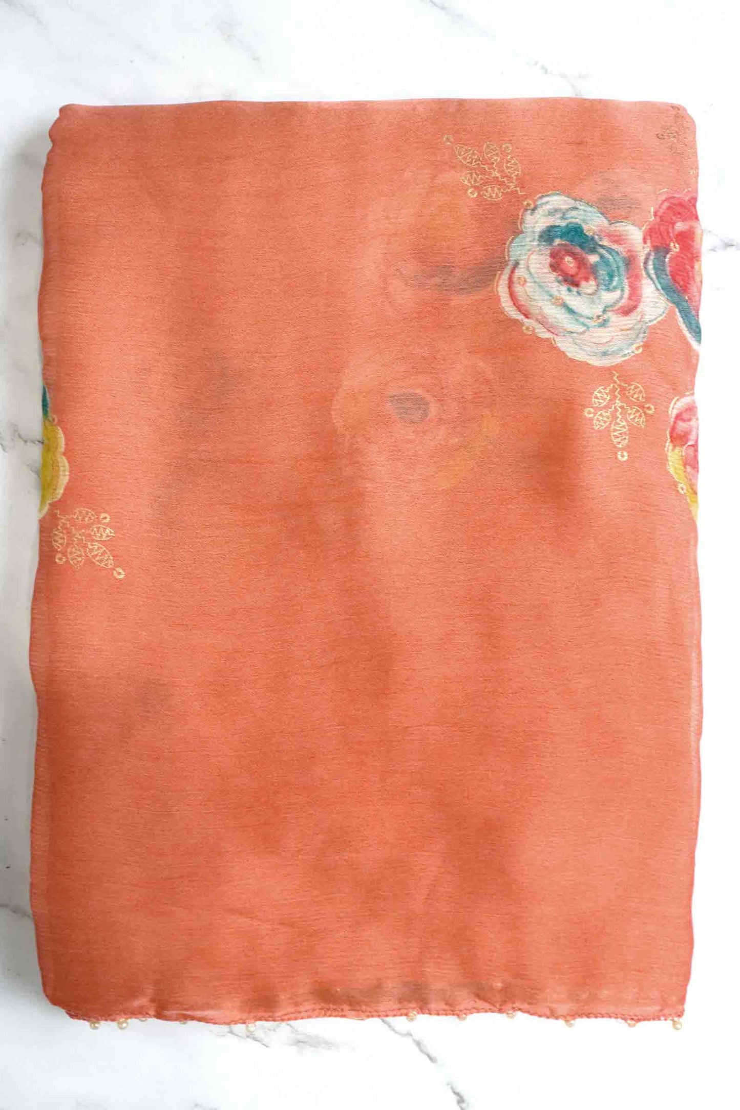 DCCH48 | Peach Pure Chiffon Saree with Floral Print & Beaded Border | Soft Pastel Beauty