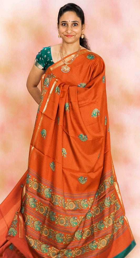 DC239 | Soft Silk Kalamkari Saree with Zari Temple Gap Border | Premium Ethnic Wear