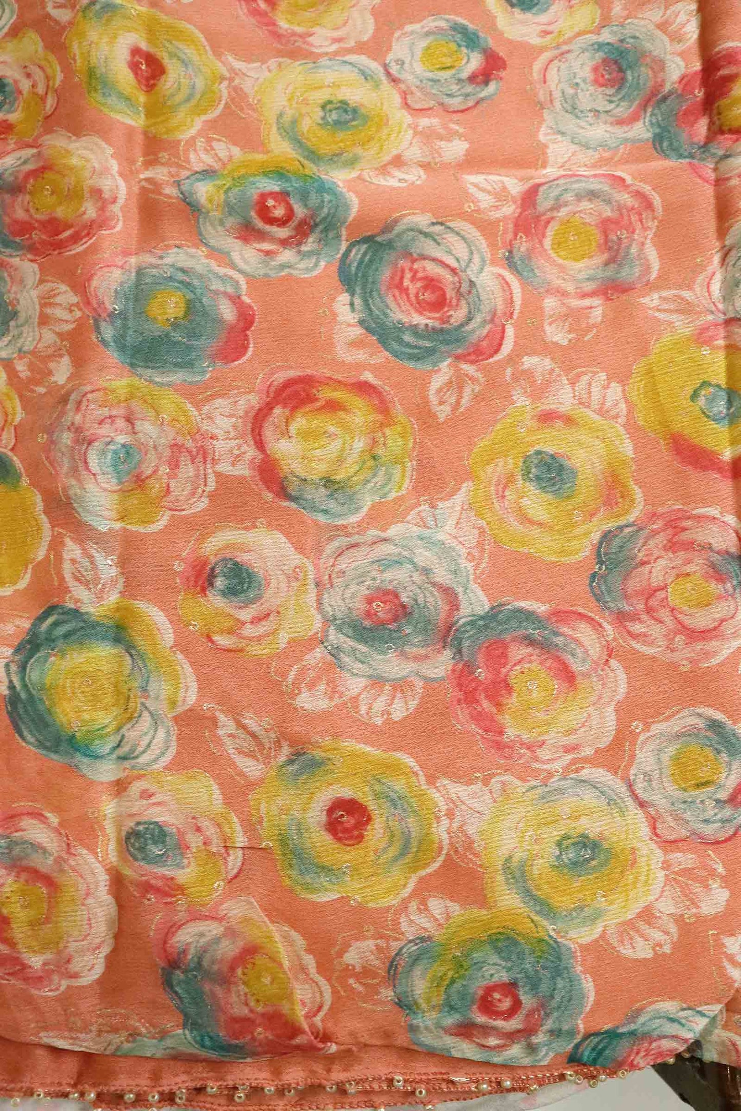 DCCH48 | Peach Pure Chiffon Saree with Floral Print & Beaded Border | Soft Pastel Beauty