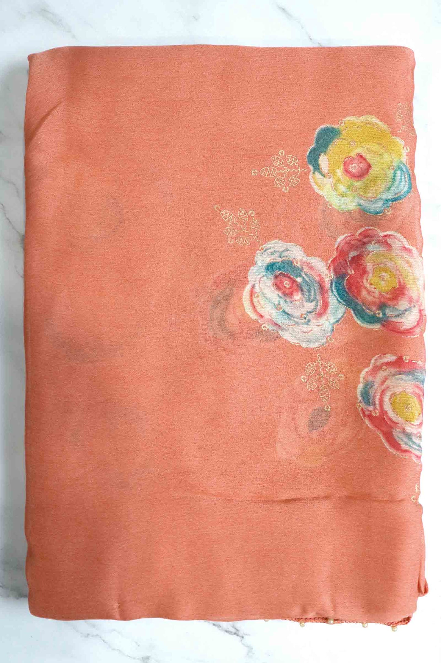 DCCH48 | Peach Pure Chiffon Saree with Floral Print & Beaded Border | Soft Pastel Beauty